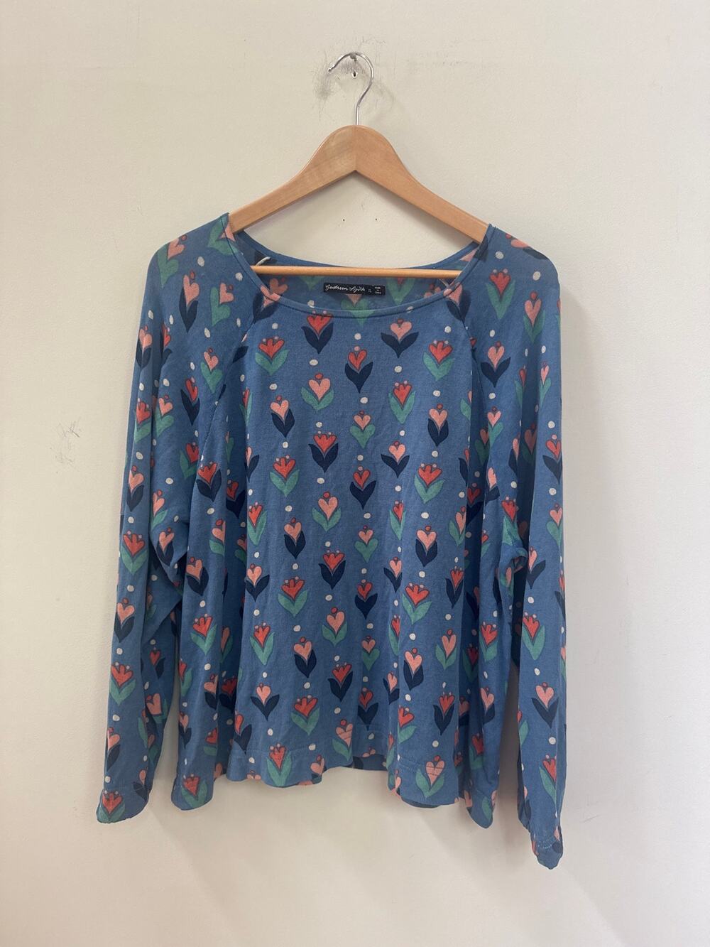Gudrun Sjoden Blue Tulip Heart Print Retro Mod Floral Organic Cotton KnitTop XL